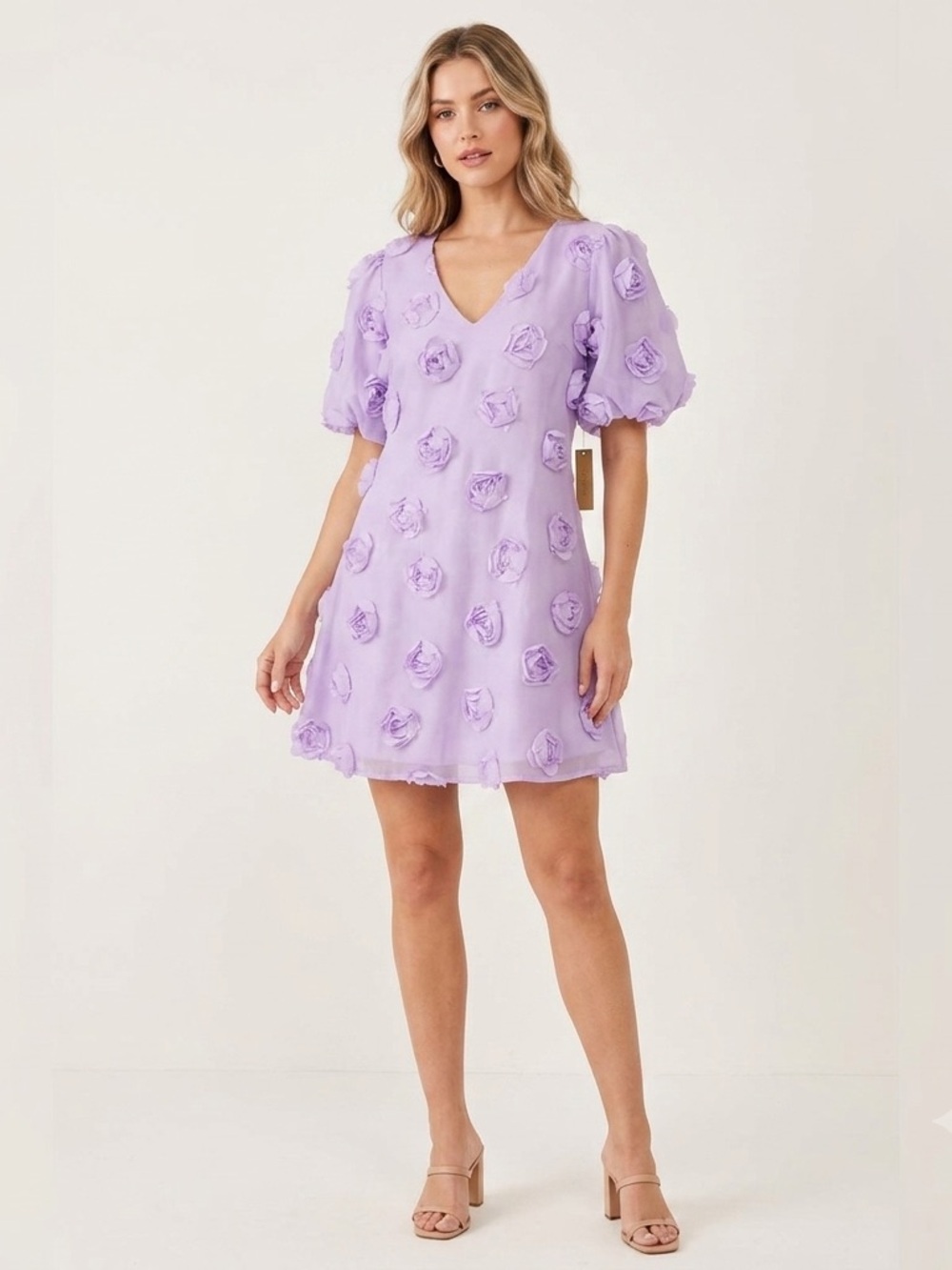 NWT Rokoko Lilac Floral Appliqué Ballon Sleeve Mini Dress Lined Garden Women’s L
